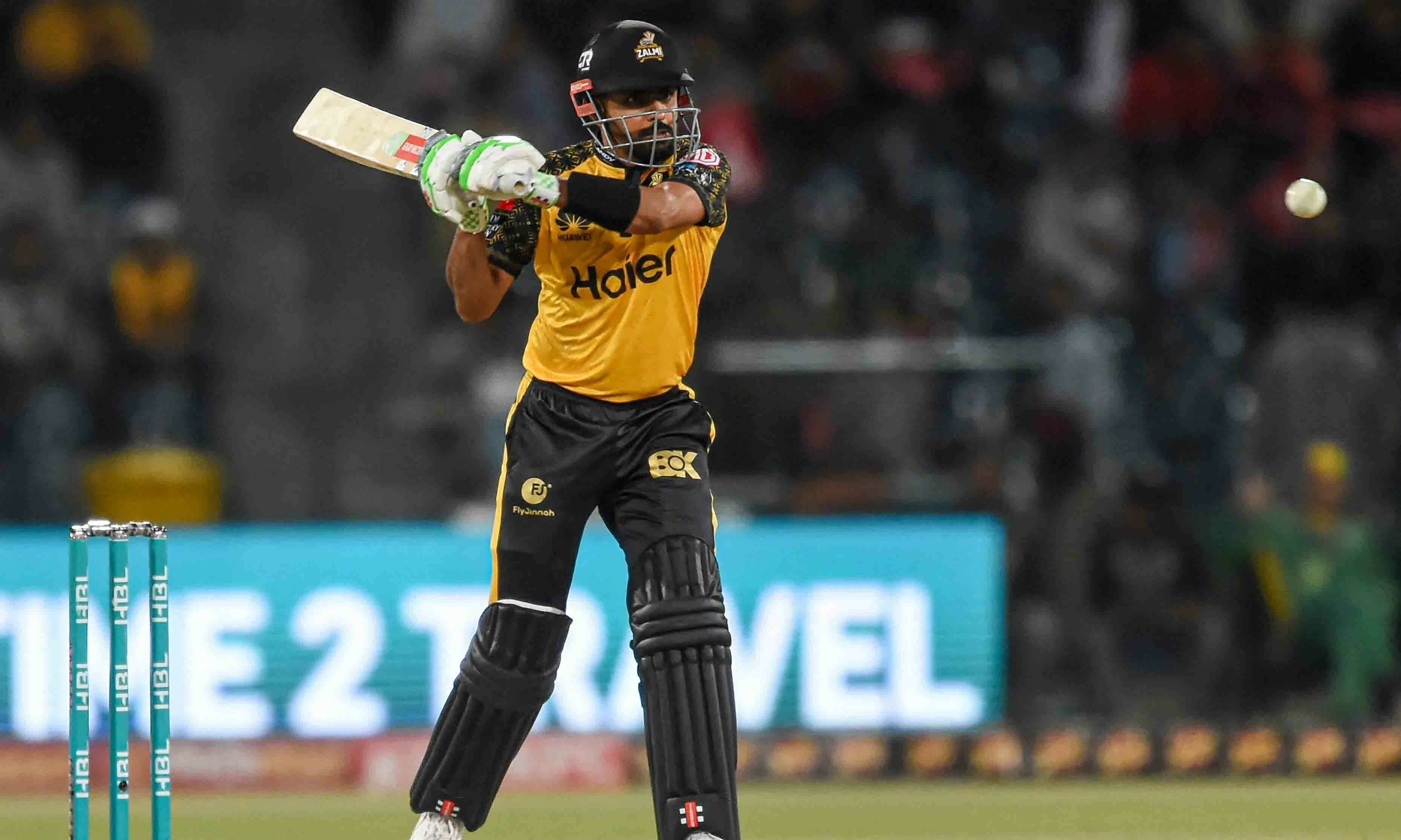 Peshawar Zalmi’s Babar Azam plays a shot during the Pakistan Super League (PSL) Twenty20 cricket eliminator match between Peshawar Zalmi and Islamabad United at the Gaddafi Cricket Stadium in Lahore on March 16. — AFP/File