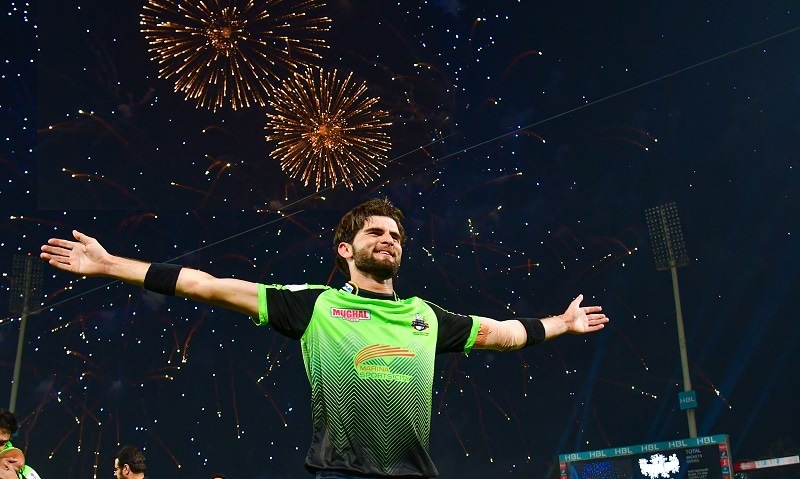 Lahore Qalandars captain Shaheen Afridi celebrates taking a wicket in PSL 2022 final. Photo: PSL/Twitter/File