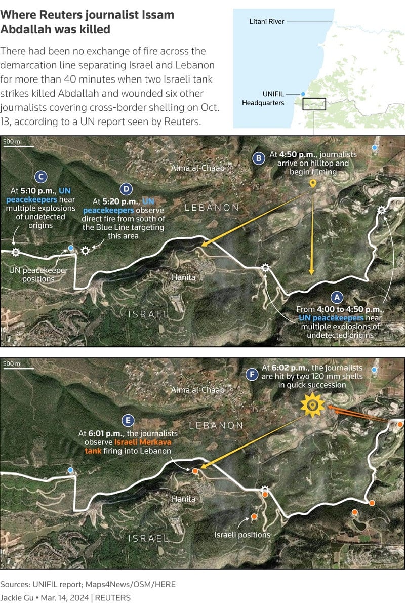 Maps showing events leading up to Israeli tank strikes that killed Issam Abdallah. PHOTO: REUTERS