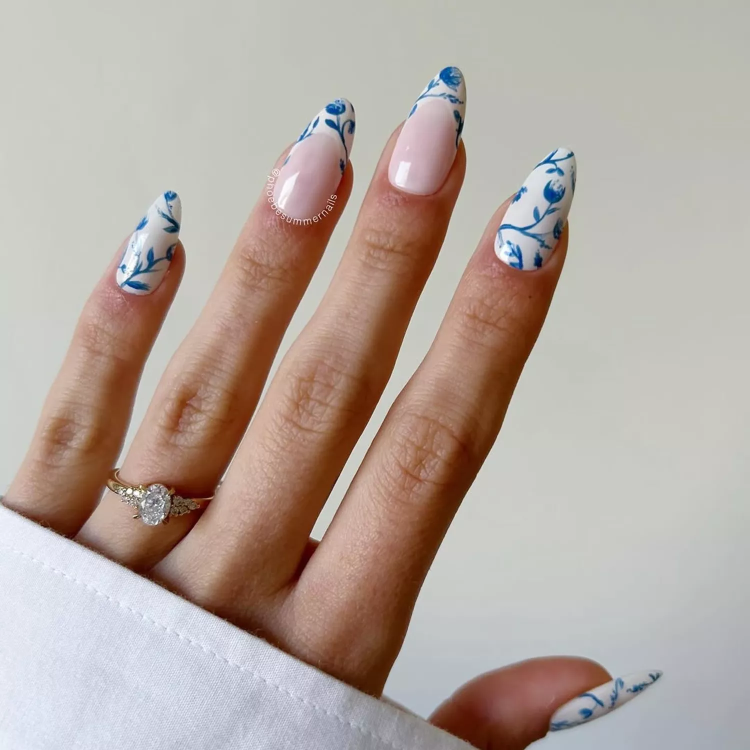 Blue and White Chintz French Manicure