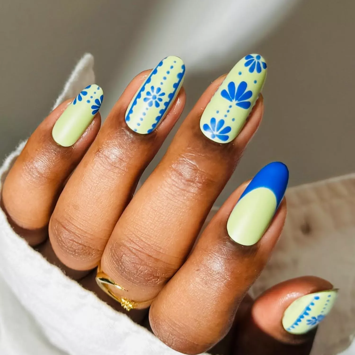 cobalt blue and lime floral french manicure