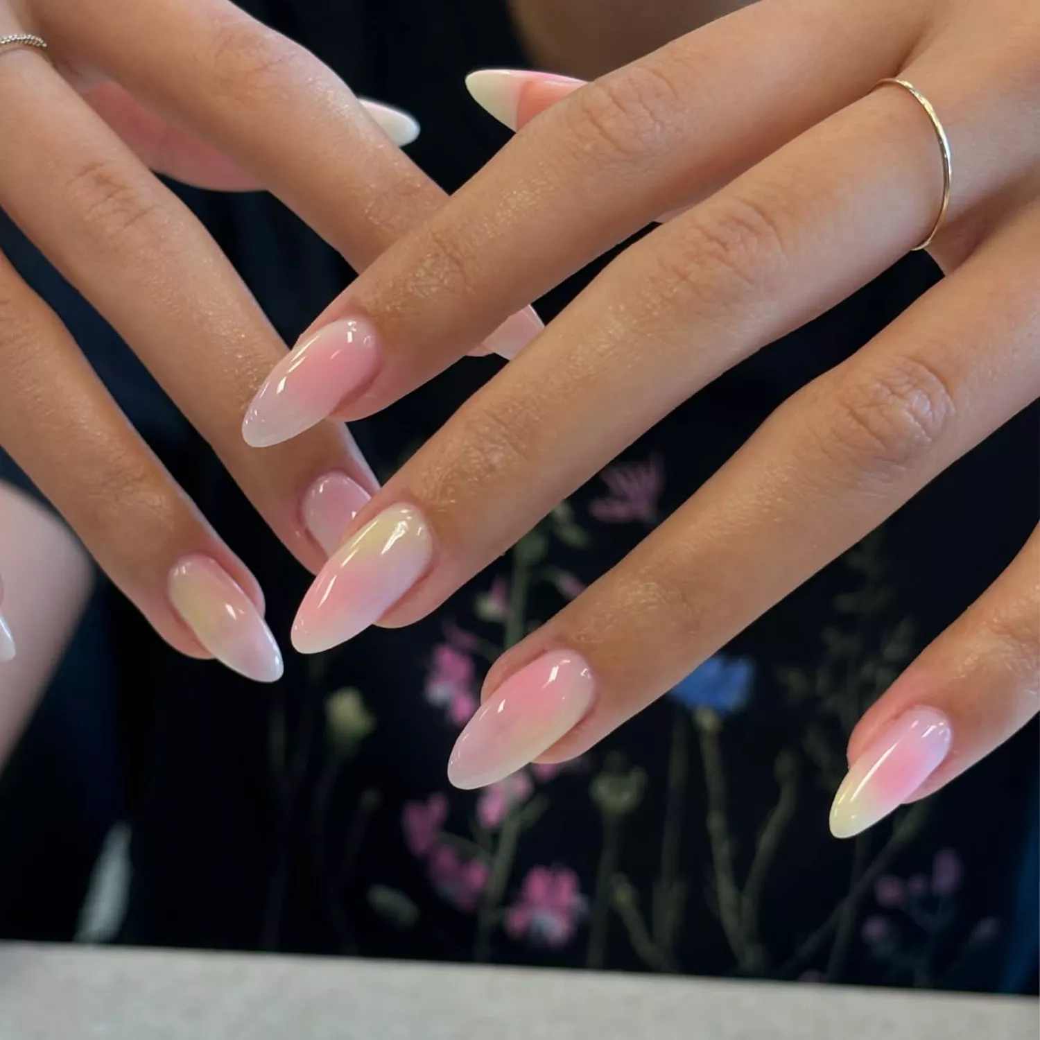 Pink, yellow, and cream tie dye nails