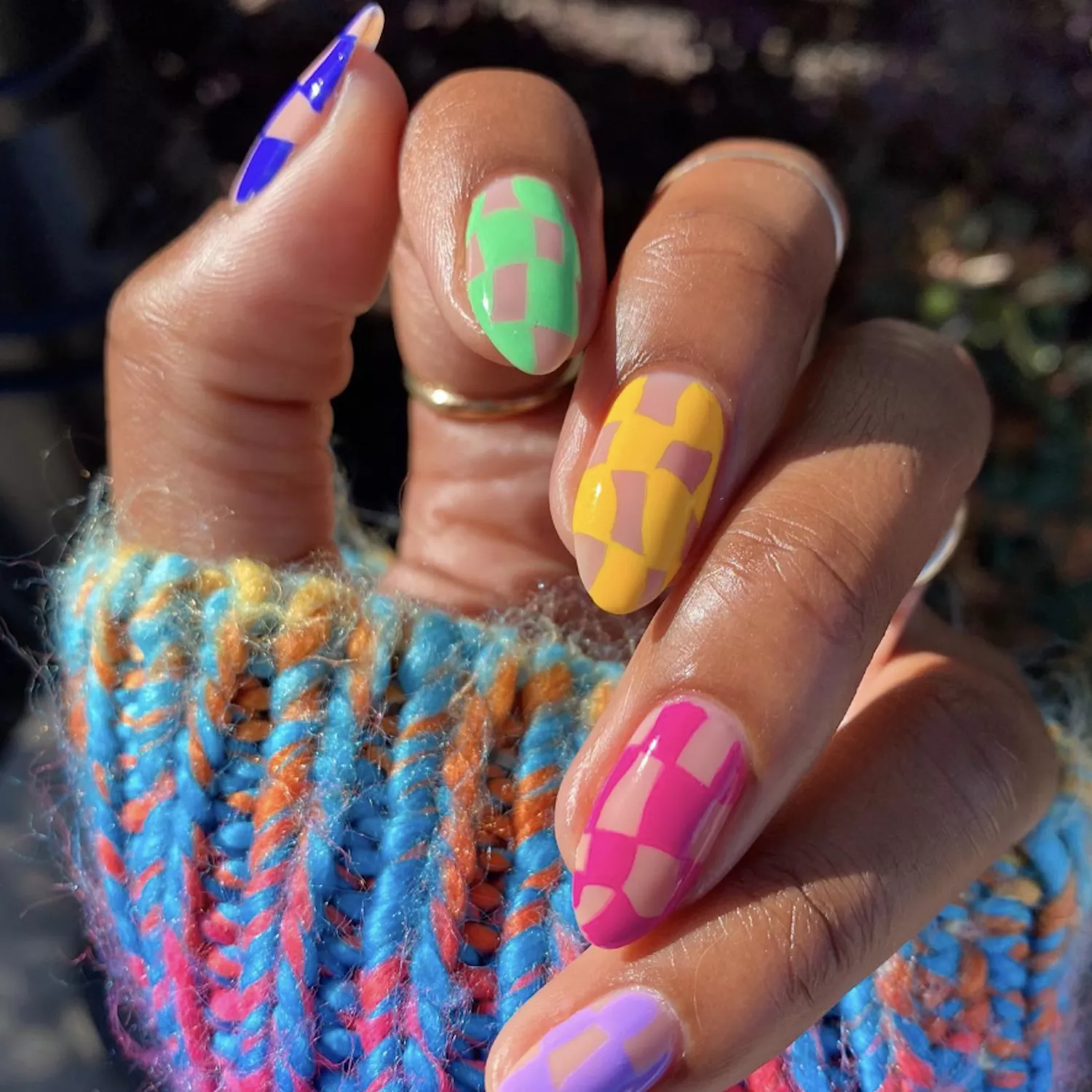 neon checkerboard nails