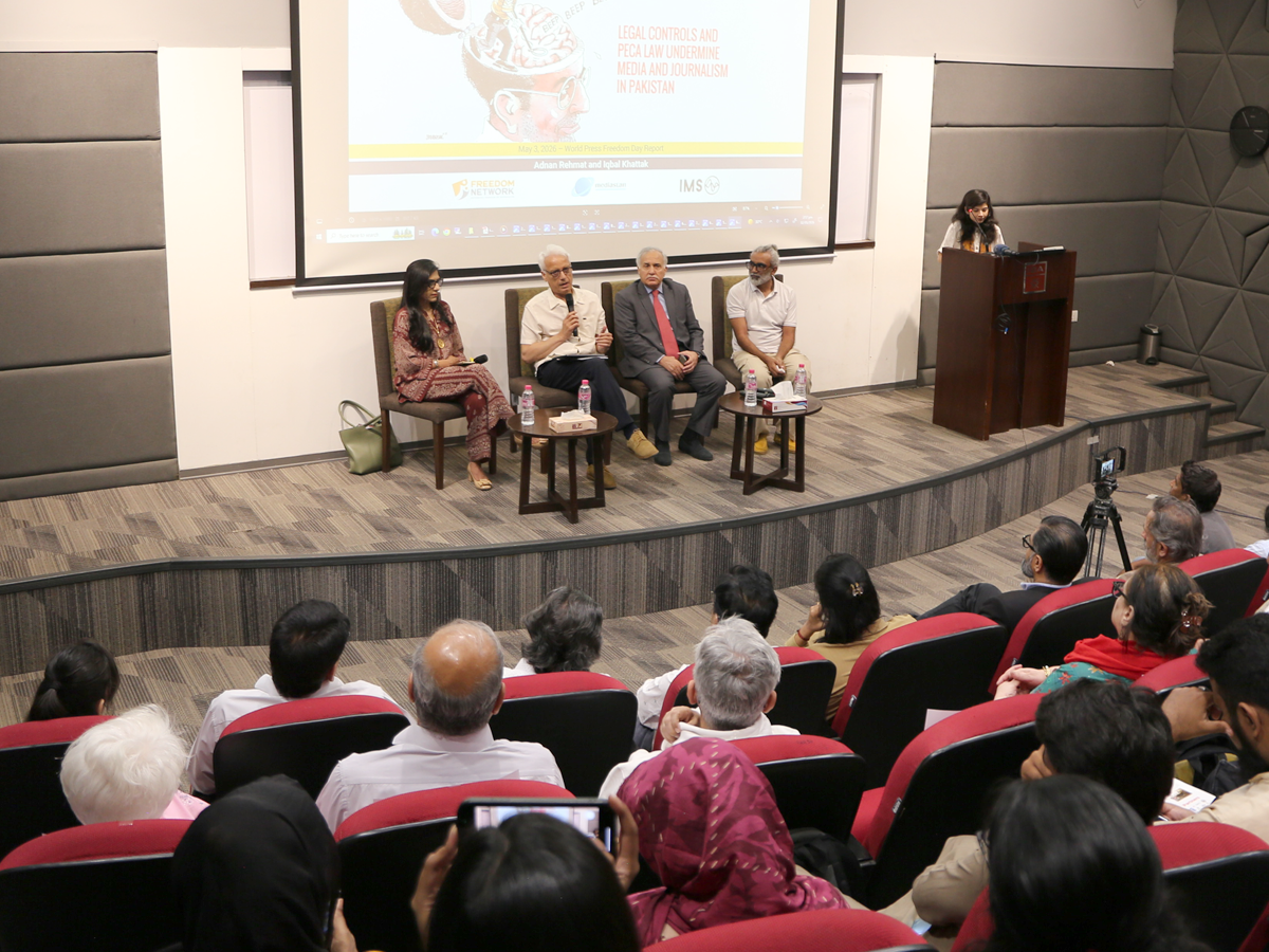 Panellists speak during the session on journalist safety, titled “Shooting the messenger — the price we pay”, moderated by Nadia Naqi. Photo: CEJ-IBA